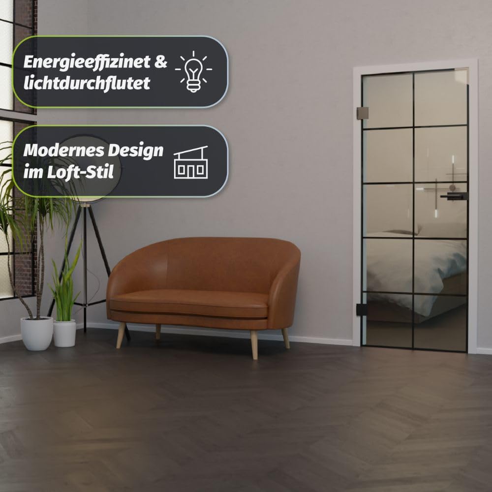 HORI Loft Glastür aus ESG-Sicherheitsglas: Modernes quadratisches Design Glastür Innentür für Wohnräume als stilvoller Raumteiler oder Raumtrenner – Unsere hochwertige Tür aus Klarglas 1972 x 834