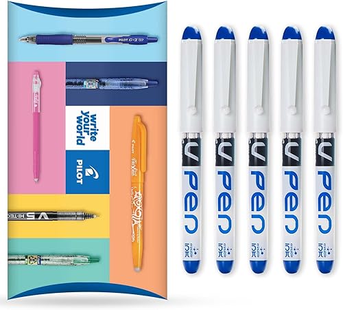 Pilot V PEN - Pluma estilográfica desechable borrable, punta de punta de punta de punta de 0.024 in, línea media, paquete de 5 cartera, tinta azul