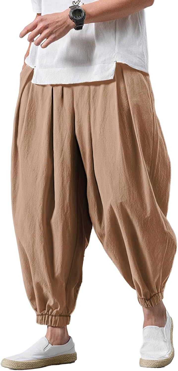 Baggy Pants for Men Wide Leg Soild Color Casual Loose Harem Pants Comfy Elastic Waist Trouser with Pockets