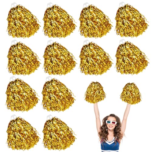 LIULINY 12 Pièces Cheerleading Pompons, Feuille Métallique Pompons de Pom Pom Girl avec Anneau Double Trou, Or Pompom Girl pour Evénements Sportifs, Fêtes,...