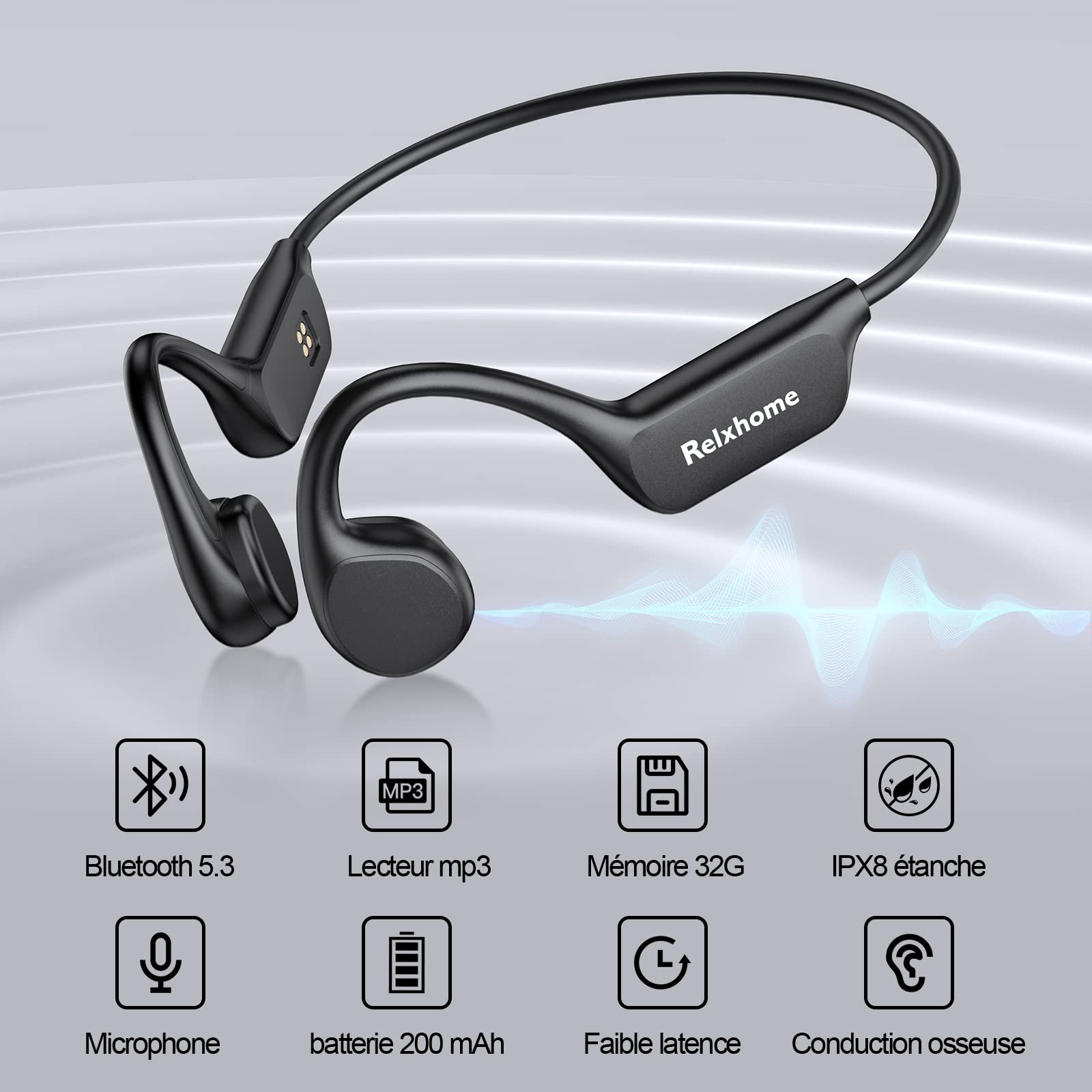 Casque Conduction Osseuse, Écouteur Natation À Bluetooth 5.4, mémoire 32 Go intégrée, Lecteur MP3 Étanche IPX8, 10 Heures de Jeu, Ecouteur Natation sans Fil, Casque Sport pour la Natation