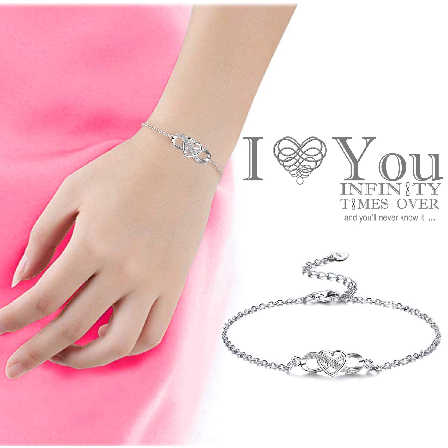 Juego de Joyas para Mujer, Collar y Pulsera Corazón Infinito, Pendientes Corazón con Cristales Austriacos, Plata de Ley 925, Un Regalo Para Una Mujer