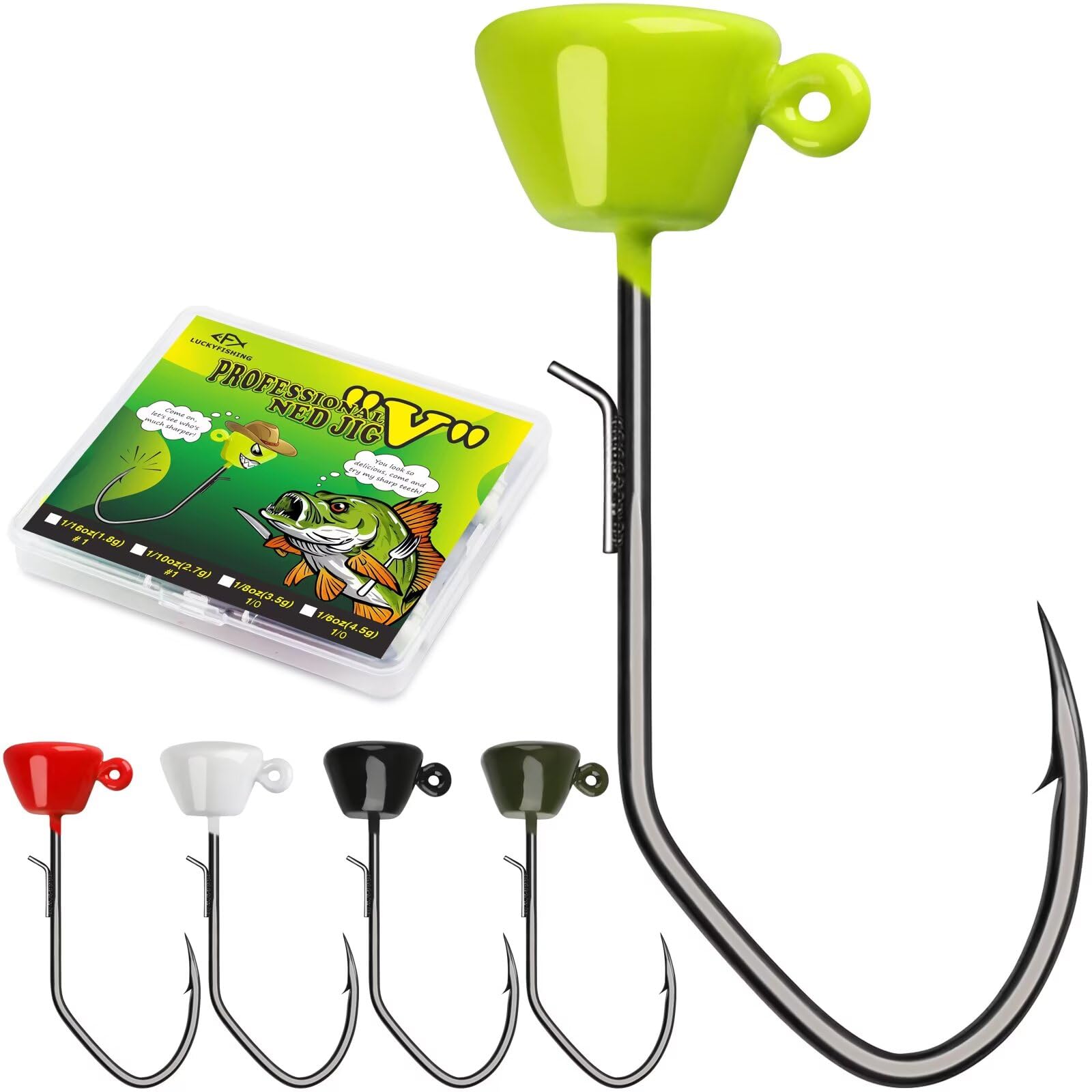 LUCKYFISHING Ned Rig Jig Heads Ned Rig Hooks Fine-SSE Ned Hooks for Bass Fishing Gift for Men 1/16oz 1/10oz 1/8oz 1/6oz