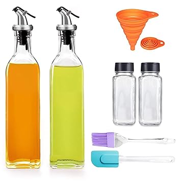 LDG Ware Glass Oil and Vinegar Storage Bottle 500ml Cruet Seasoning Set for Dining Table and Home and Kitchen Sauce Bottle Oil Dispenser Bottle With Silicone Pastry Brush, Spatula and Funnel Salt jar 100ml (Transparent) Pack of 7
