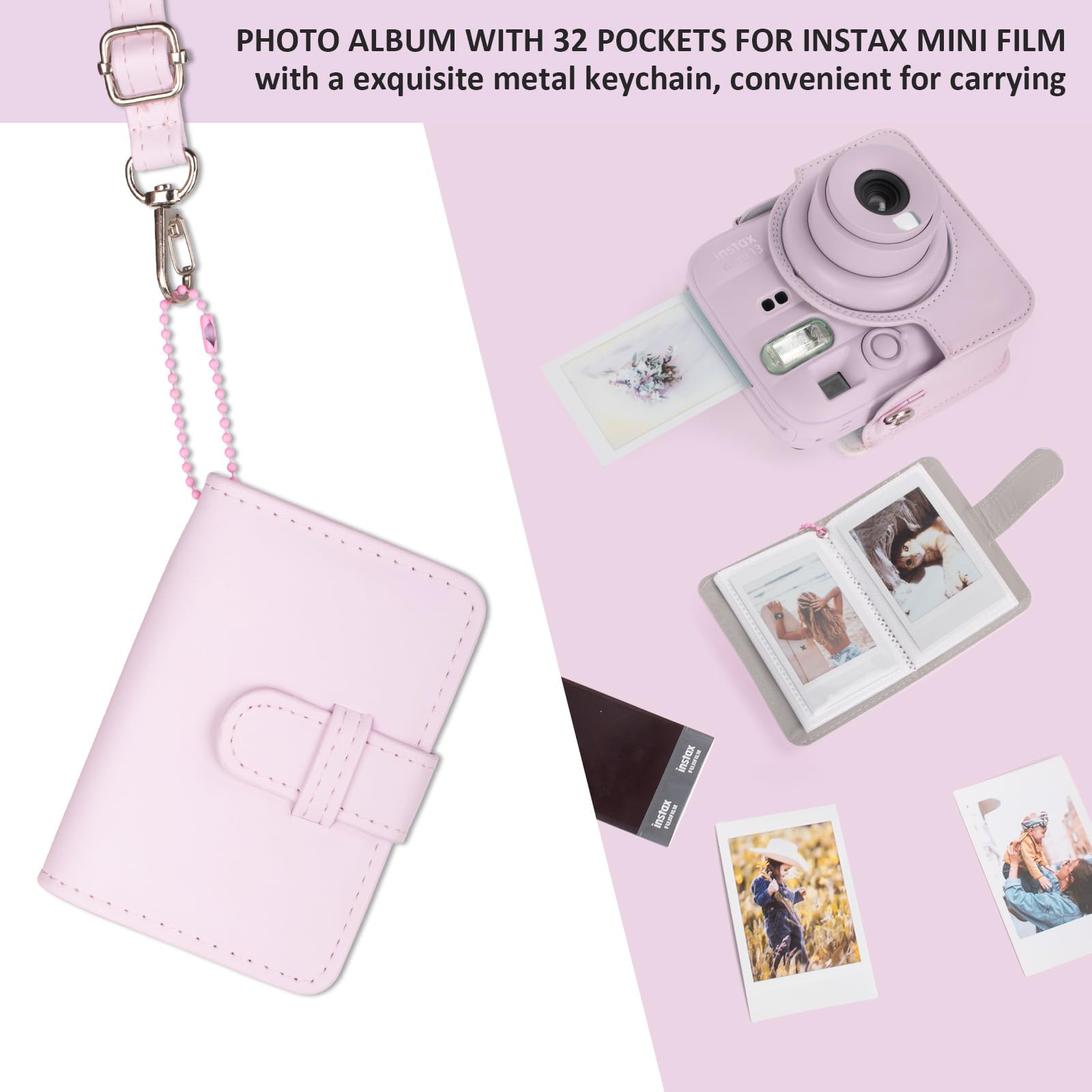 Custodia e album per fotocamera Instax Mini 13, elegante cover protettiva in pelle PU per fotocamera Fuji Instax Mini 13, borsa per il trasporto con album fotografico e tracolla - Rosa