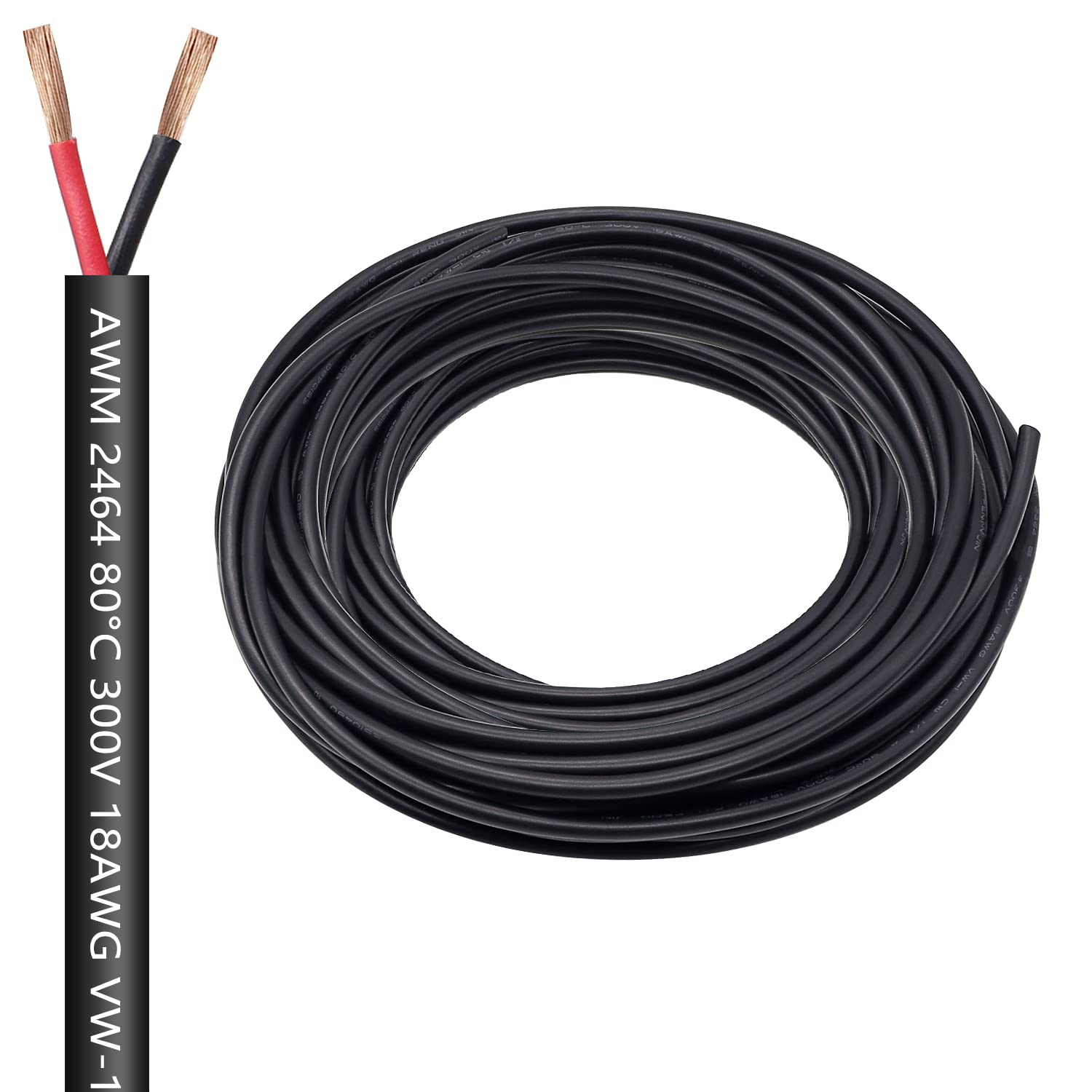 18 Gauge Electrical Wire 2 Conductor - 25ft/7.62m 18AWG Black PVC Case Stranded Low Voltage LED Pure Copper Cable Flexible Extension Power Cord for Outdoor LED Lighting H-041