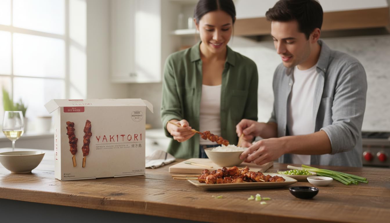 Komoro Oriental Bites Yakitori de Pollo Marinado en Salsa de Soja Dulce Estilo Japonés, 40 Brochetas 25g (1kg), Envío Refrigerado, Halal