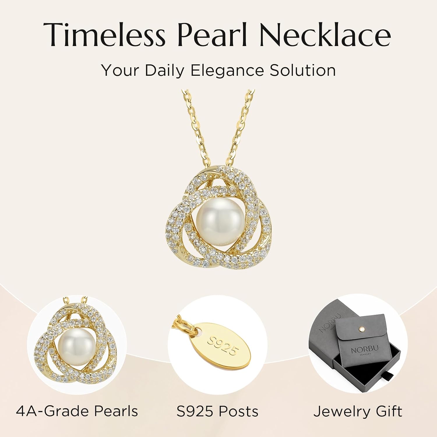 NORBU Pearl Necklace for Women, 925 Sterling Pearl Necklace Pendant with 18K White Gold Plated, Jewelry Gift for Wedding Anniversary Birthday Christmas Valentine's Day