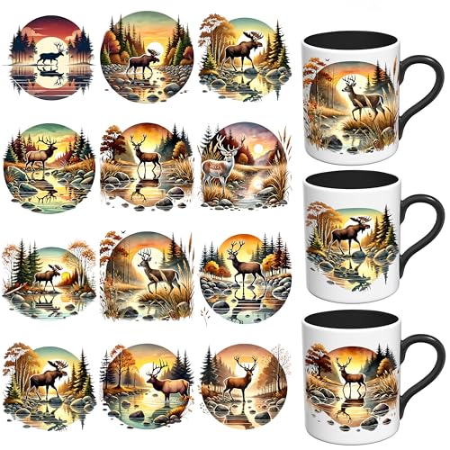 Elewins UV DTF Stickers - 12 Sheets Forest Deer UV DTF Cup Wrap for Coffee Mugs Glass, DIY Decals for Tumblers, Waterproof Rub on Transfers for Crafts