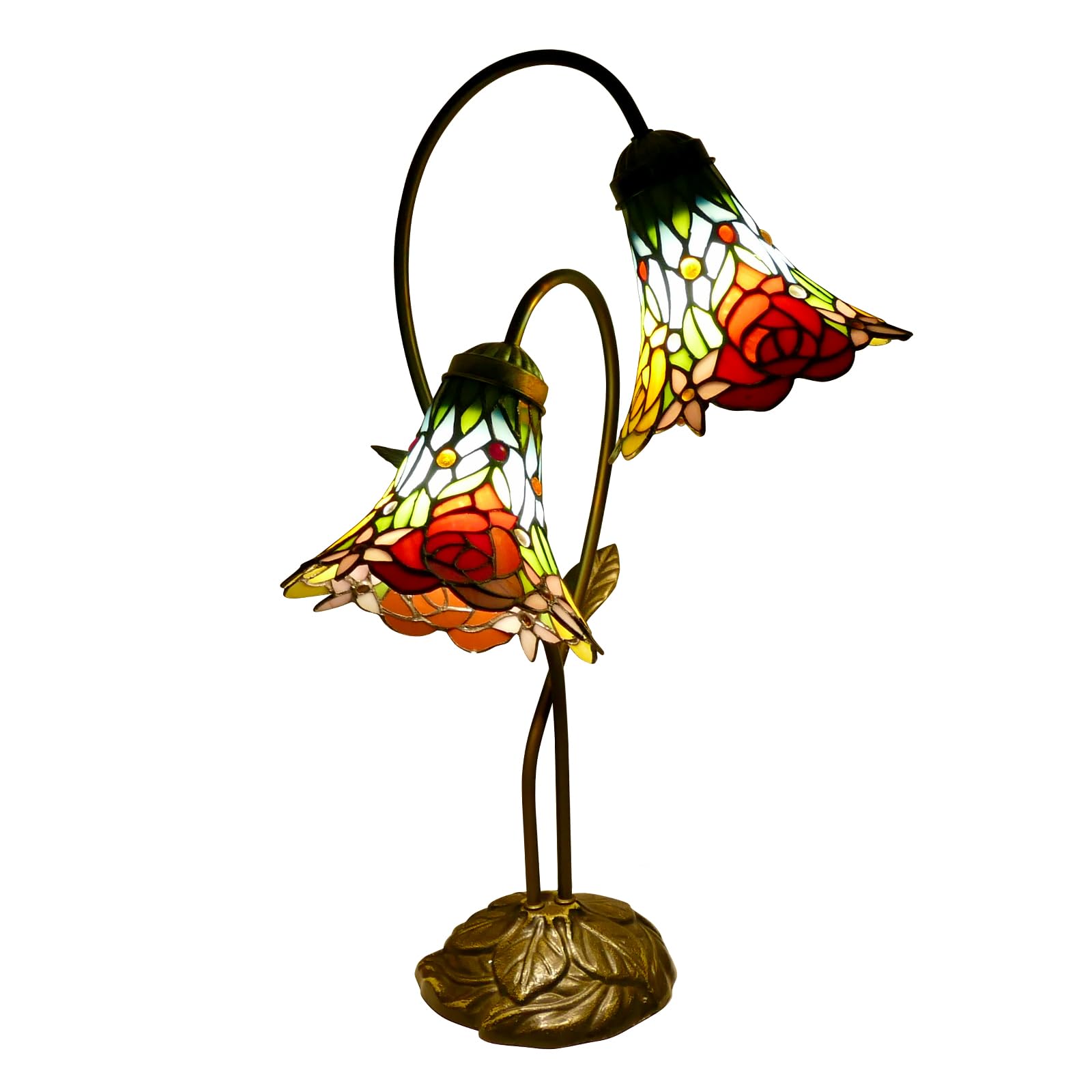 VirtueKing Beautiful Rose Flowers Stained Glass Lamps Double Headed Desk Lamp 2-Light Tiffany Table Lamp 8" Wide 24" Tall Tiffany Style Table Lamp