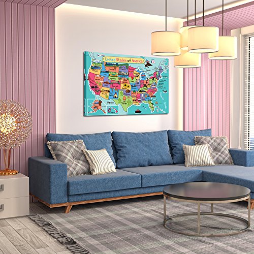 Kreative Arts 9377 United States Of America Usa Kids Map Poster Art Prints Stretched Canvas Wall Art Gallery Canvas Wrap Giclee Print Ready To Hang thumb #2