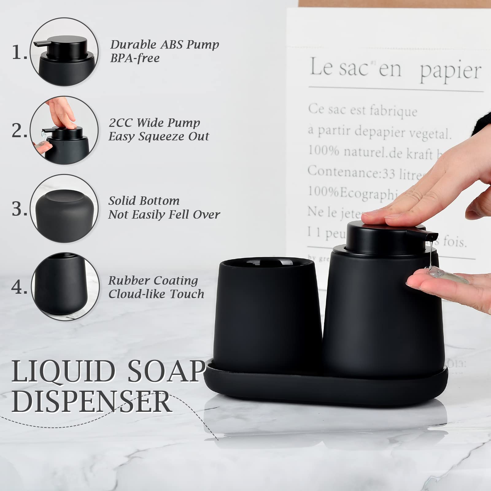 Juego de baño de cerámica, 12 onzas, dispensador de jabón, soporte para cepillos de dientes, jabonera, adecuado para cocina, baño, lavabo, negro