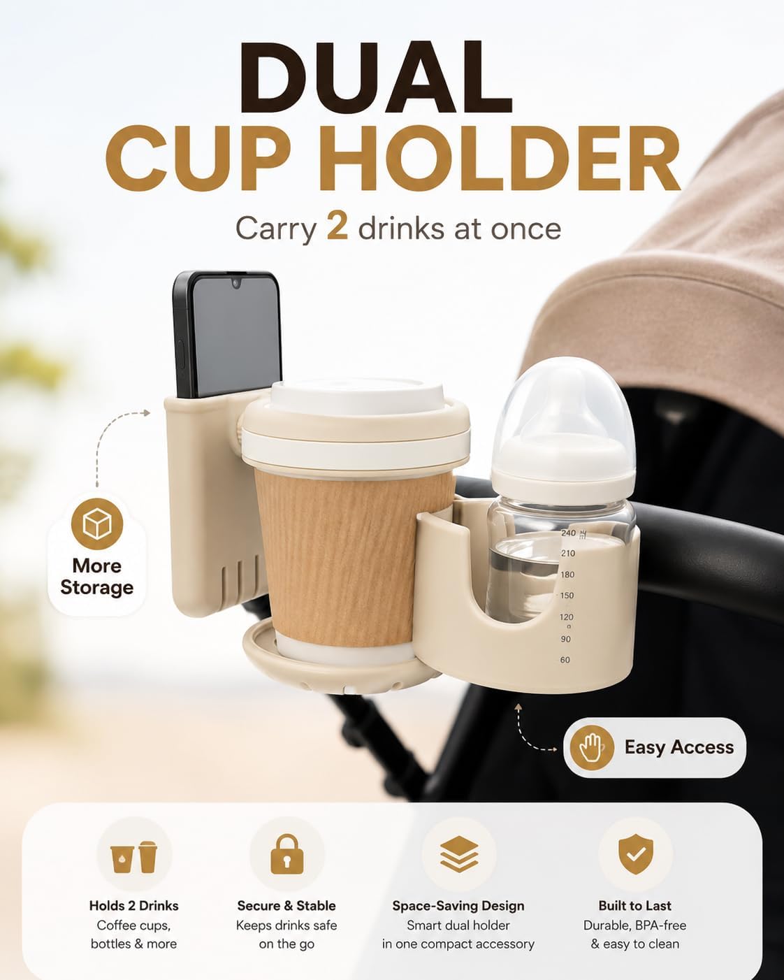 3-in-1 Stroller Cup Holder with Phone Holder, Dual Cup Holder with Upgraded Double Clamp, Universal Cup Holder for Stroller, Walker, Wheelchair & Bike, Anti-Spill Stable Drink Organizer (Khaki)