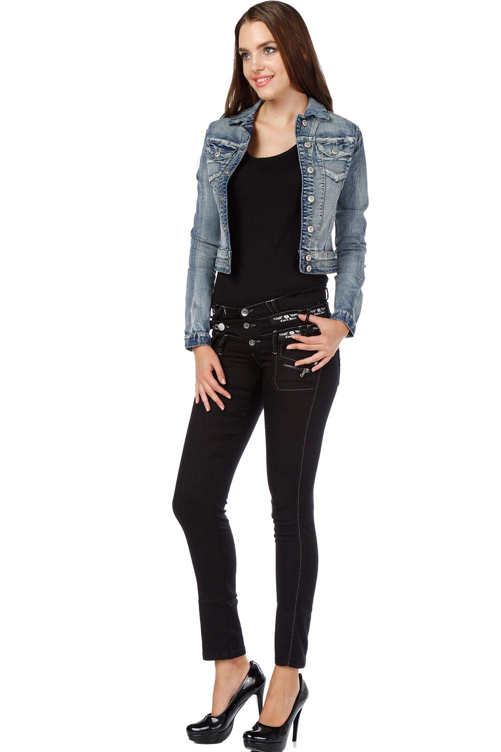 Cipo & Baxx Damen Jeanshose – Damenjeans mit Used Look & Destroyed Style, Modische Hose mit Patches, Nieten & Zierdetails