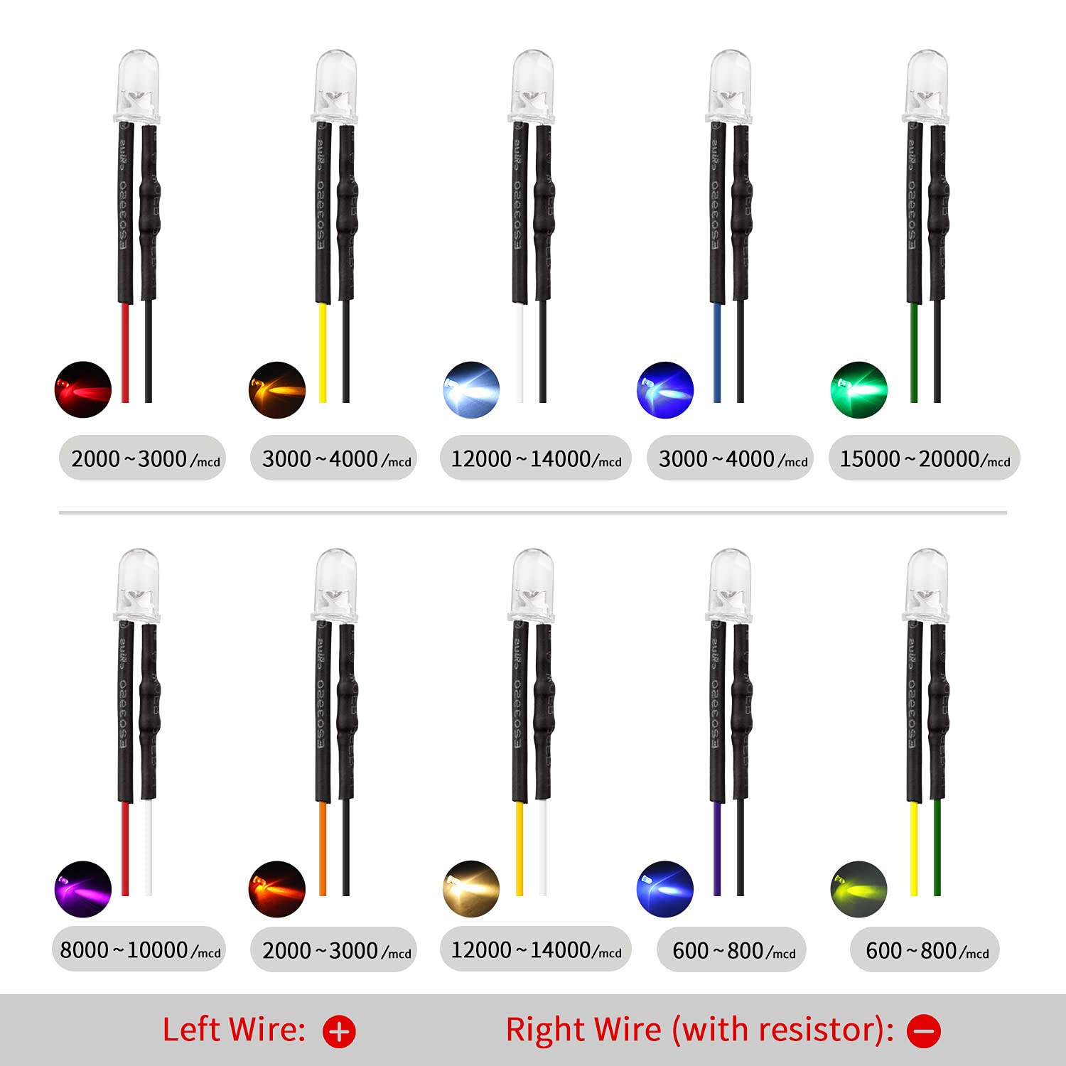DiCUNO 100 szt. (10 kolorów x 10 szt.) 5 mm 12 V wstępnie przewodowe LED światło emitujące diodę okrągła lampa LED różne diody kolorowe zestaw rezystorów
