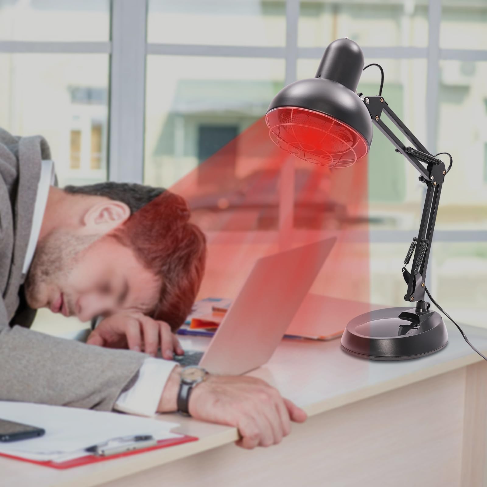 Lampa na podczerwień, 150 W, czerwone światło, światło na podczerwień, do użytku domowego, regulowane ramiona nośne, 180°, zestaw lamp na podczerwień do leczenia (czarna)