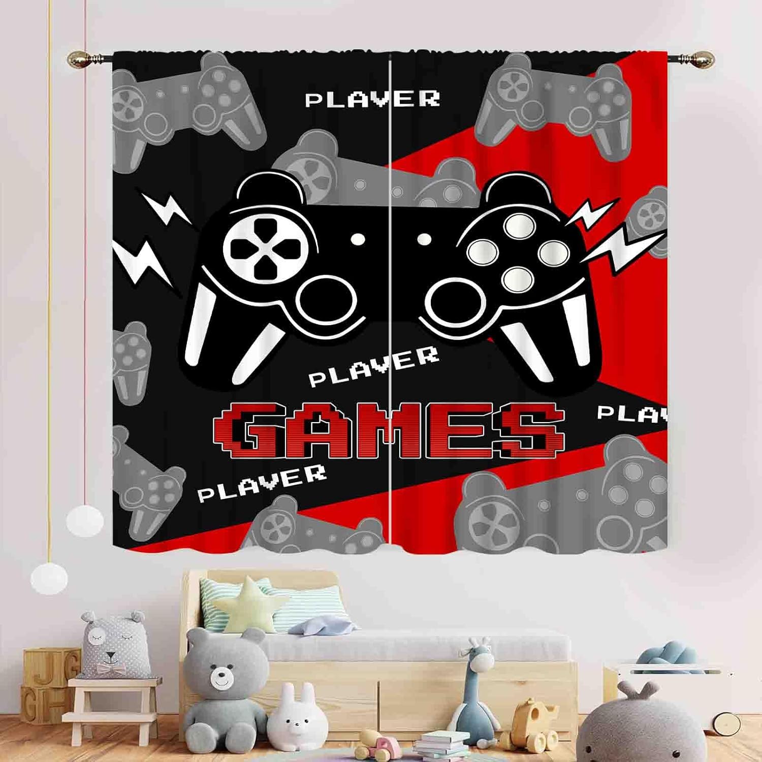 Gaming Curtains for Boys Bedroom, Kids Gamer Room Curtain Teens Black and Red Video Game Controller Window Treatments Drapes for Nursery Living Room Playroom 2 Panels, 52"x84" Inch