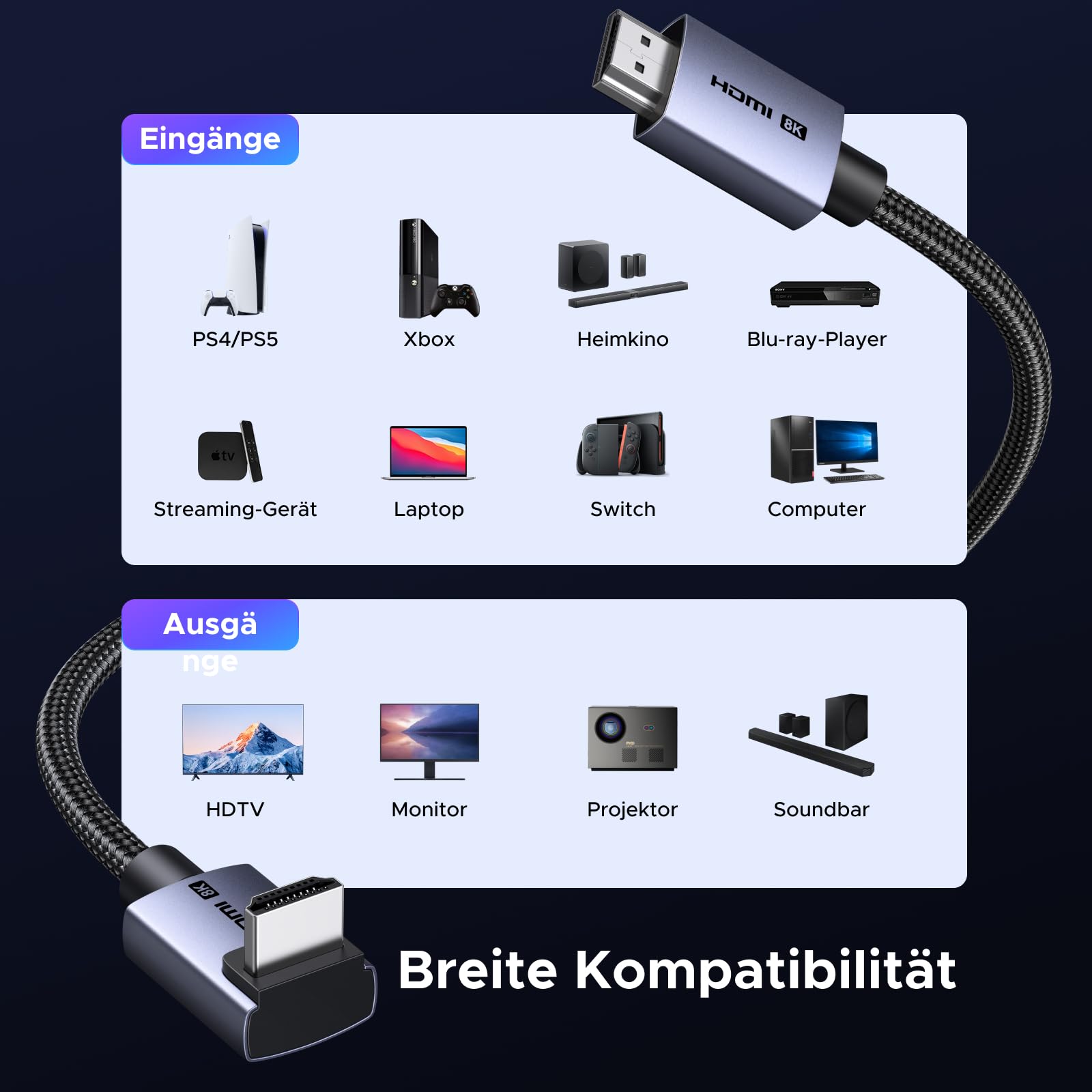 UGREEN HDMI 2.1 Kabel 8K@60Hz 4K 2K 1080P@240Hz 90 Grad Winkel 48Gbps High Speed Ultra HD Dolby Vision HDR VRR eARC HDCP 2.3 Kompatibel mit PC, Laptop, Monitor, PS5, Xbox (2M)