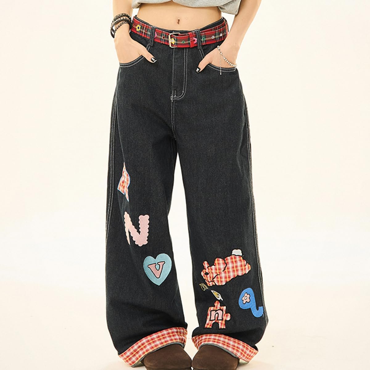 Y2K Fashion High Waist Straight Leg Jeans for Women Cute Printed Plaid Casual Baggy Denim Pants