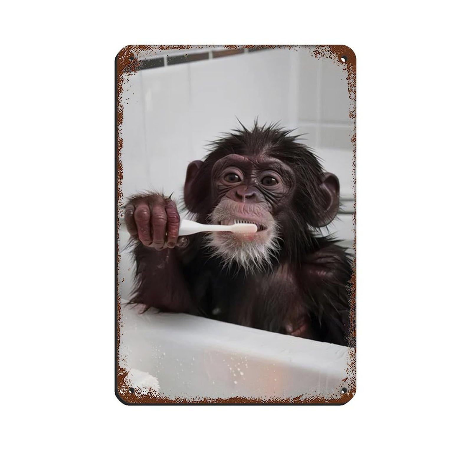 Monkey Brushing Teeth, Hilarious Bathroom Art Retro Poster Metal Tin Sign Chic Art Retro Iron Painting Bar People Cave Cafe Family Garage Poster Wall Decoration 8x12inch(20x30cm)