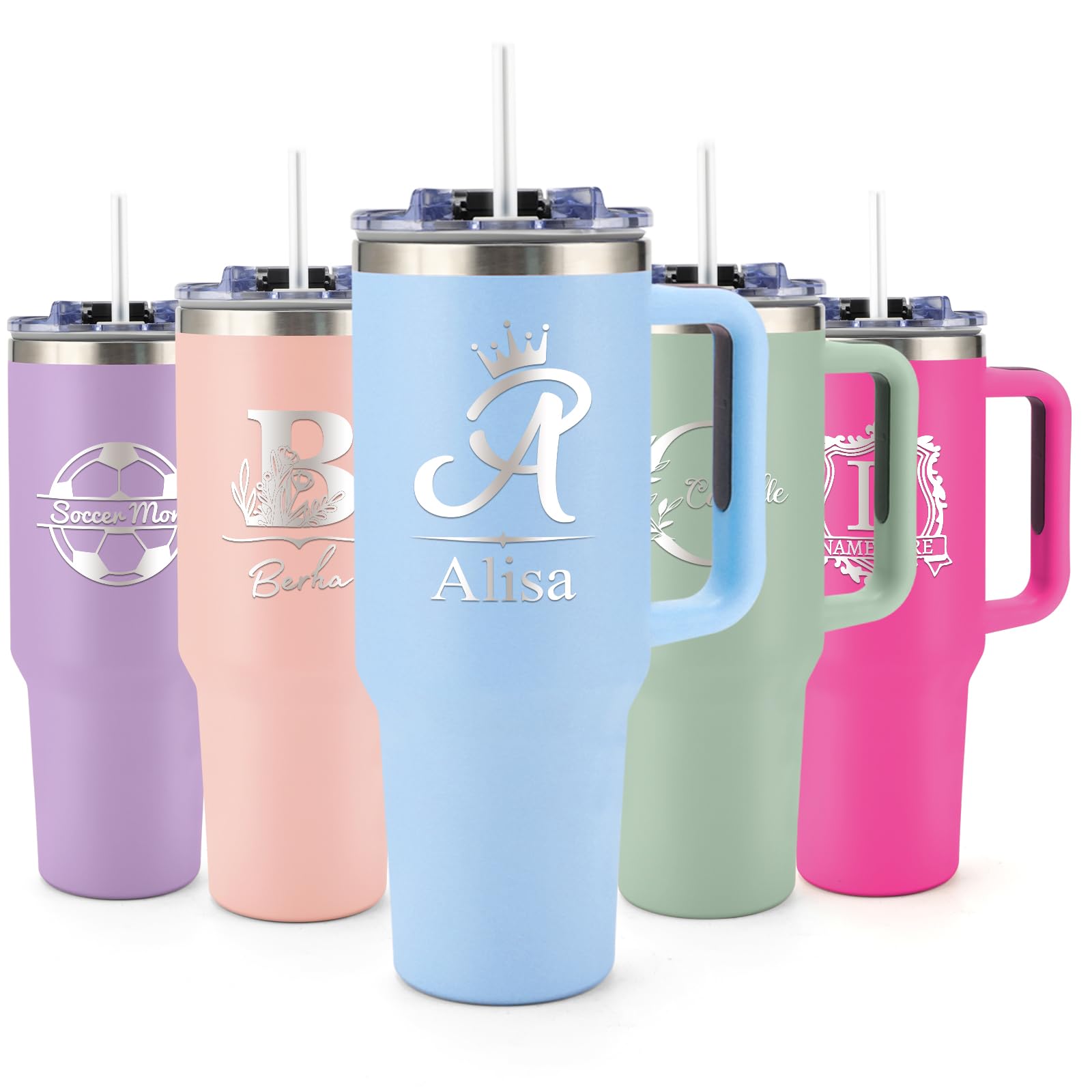 KrazeKK Personalized 40 Oz Monogrammed Initial Tumbler - Insulated Coffee Cup with Handle, Straw - Customized Reusable Water Bottle Travel Mug With