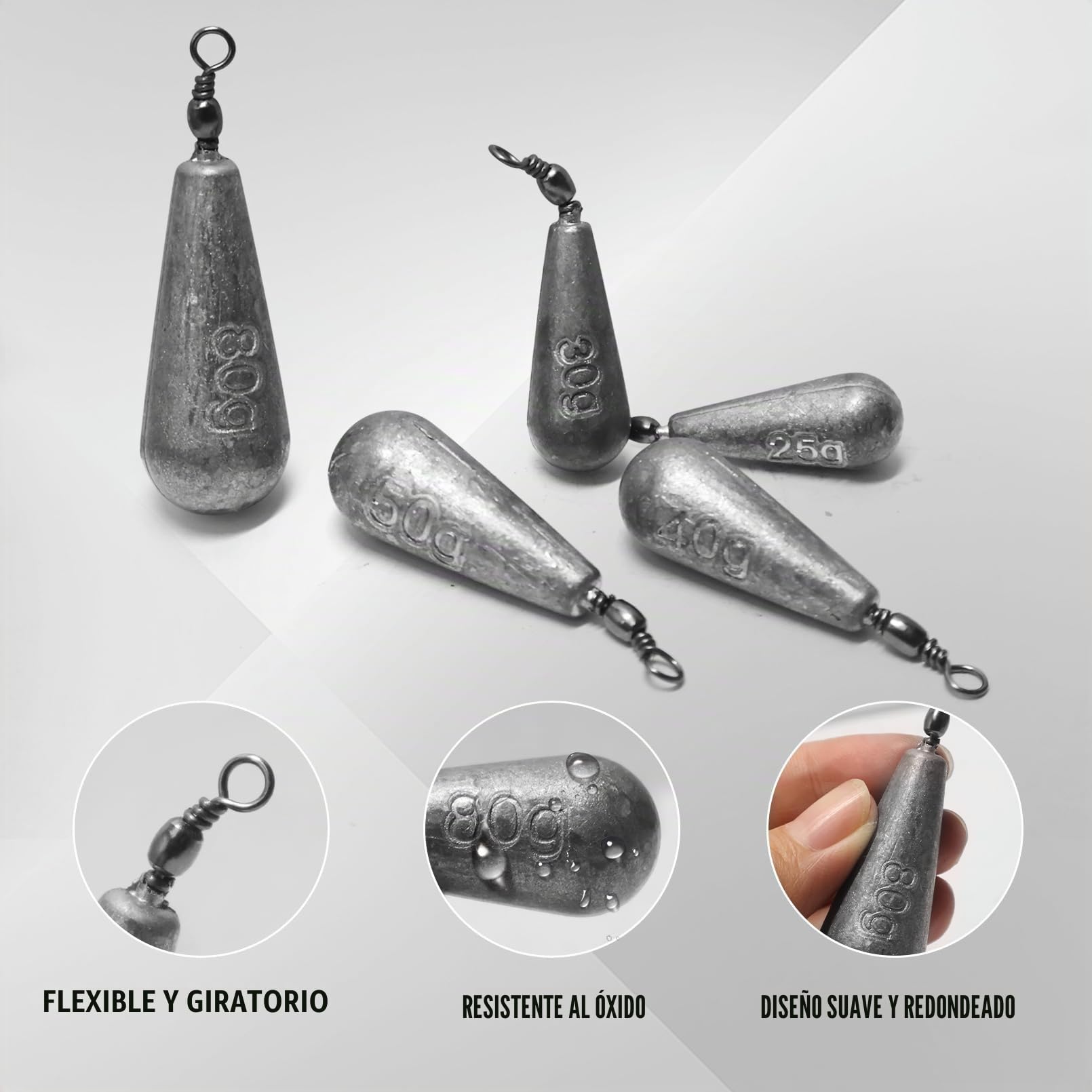Juego de plomo de pesca en forma de pera, 25 g hasta 120 g, metal de alta densidad, resistente al óxido y superficie lisa, ideal para pesca de flotador y de fondo