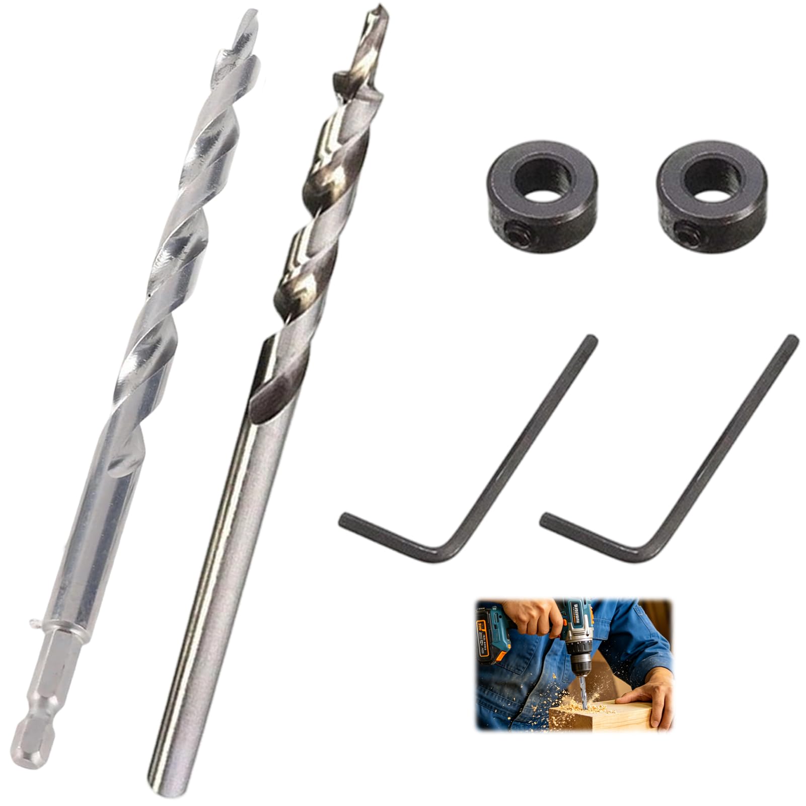 Pocket Hole Drill Bit, 2 Pcs 9.5 Mm (3/8 Inch)Pocket Hole Jig Kit, Trend Pockets Holes Jig,1/4 Inch Hex and Round Shanks with Depth Stop Rings, Suitable for Drilling Holes In Wood and Diy Plastic Work