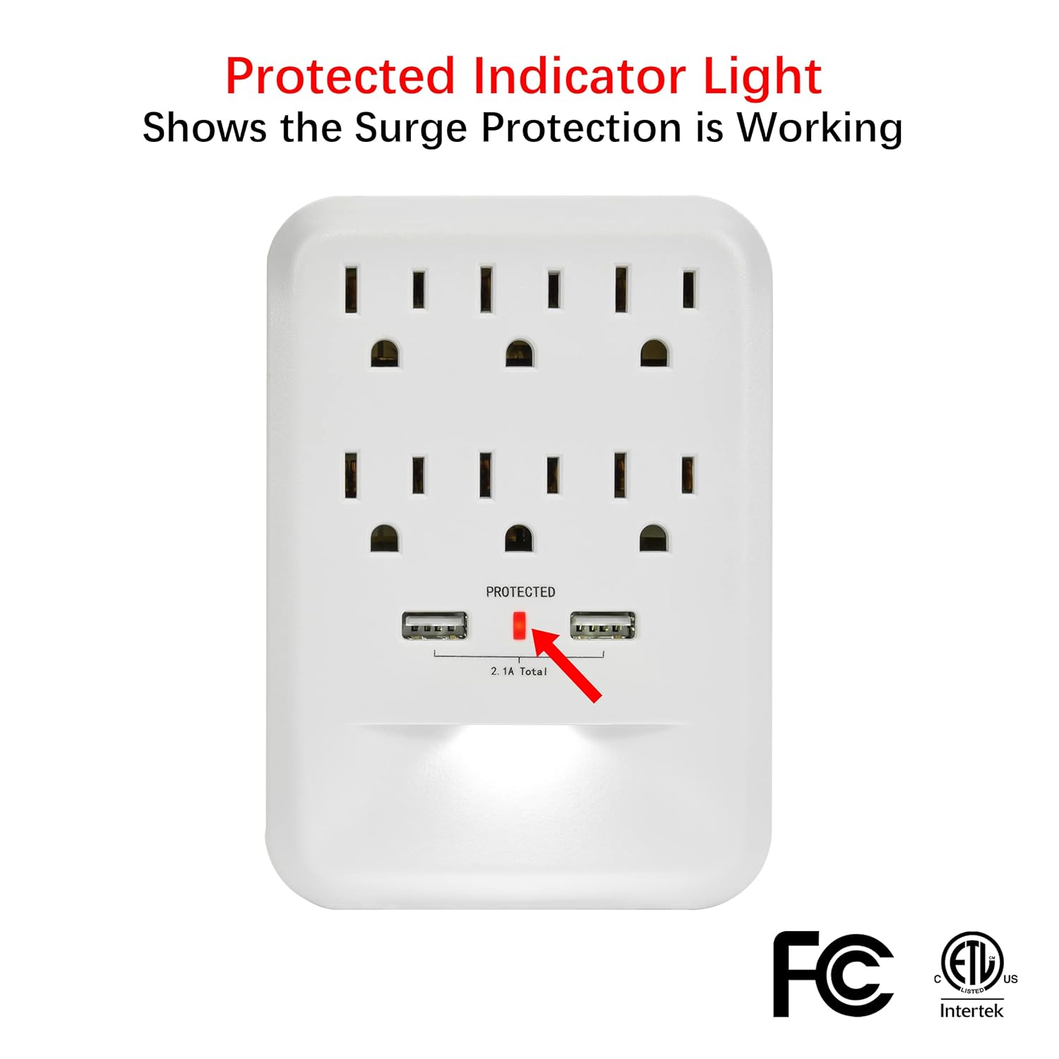Clear Power 6-Outlet 600 Joule Wall-tap w/2-port USB-A Charger & Nightlight, CP30005