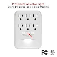 Vista 3 de Clear Power Paquete de 2: 6 tomas de corriente 600 Joule Protector de sobretensiones de pared con cargador USB-A de 2 puertos y luz nocturna
