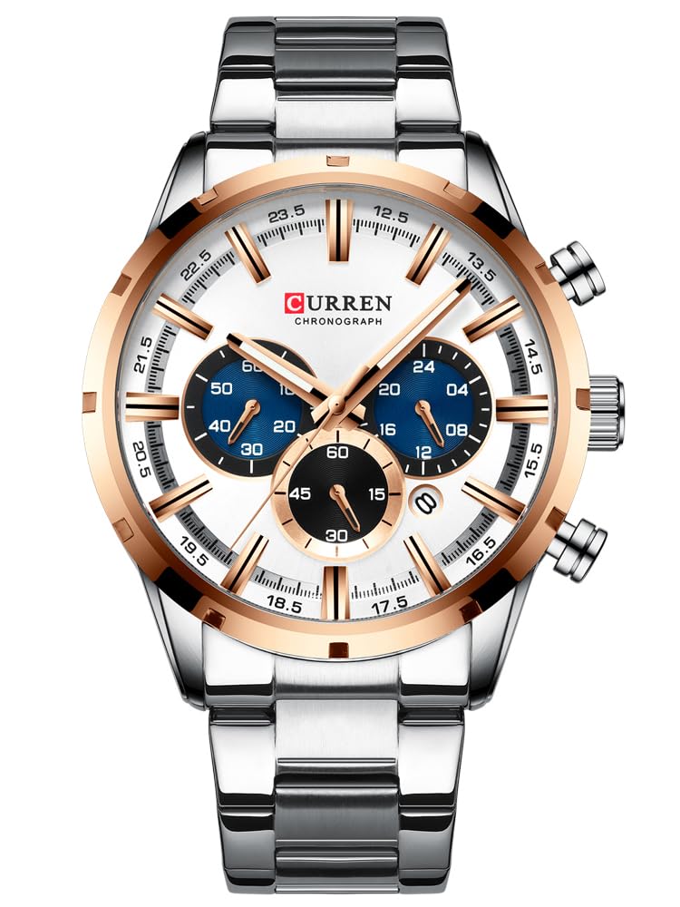 FANMIS Herren Luxus Uhren Business Chronograph Kleid Wasserdicht Edelstahl Analog Quarz Armbanduhr, C Gold Weiß, Chronograph, Quarzuhr