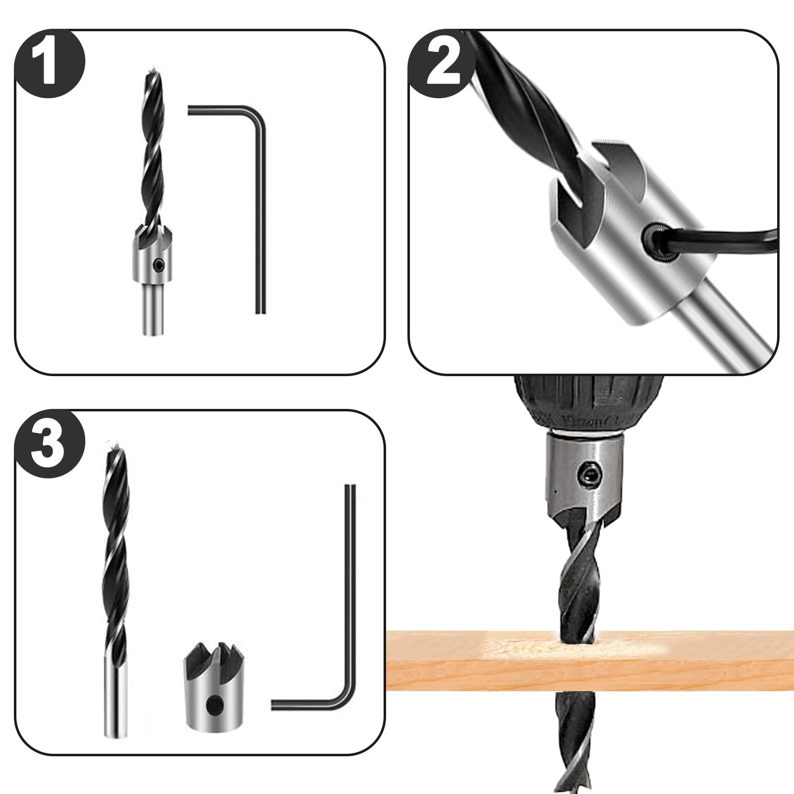 Set di 7 punte per legno con arresto di profondità 3, 4, 5, 6, 7, 8, 10 mm, set di punte per la lavorazione del legno, coniche con arresto di profondità