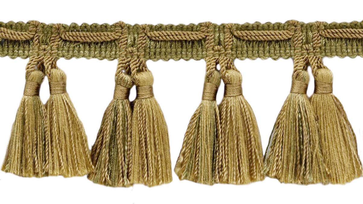Frange à glands Veranda 64mm en fil d'or moyen et vert olive de qualité supérieure