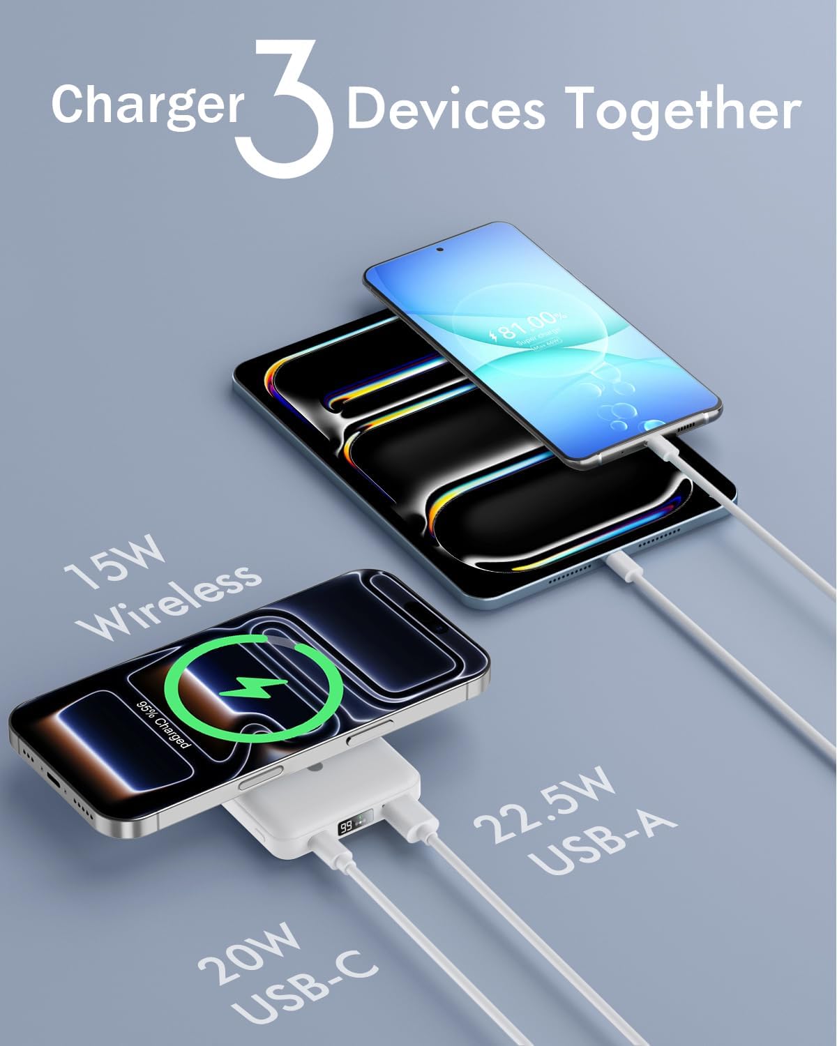 podoru for Magsafe Battery Pack, Foldable 10000mAh Magnetic Power Bank with USB-C Cable LED Display 22.5W PD Fast Charging Wireless Portable Charger for iPhone 17/16/15/14/13/12 Series-White