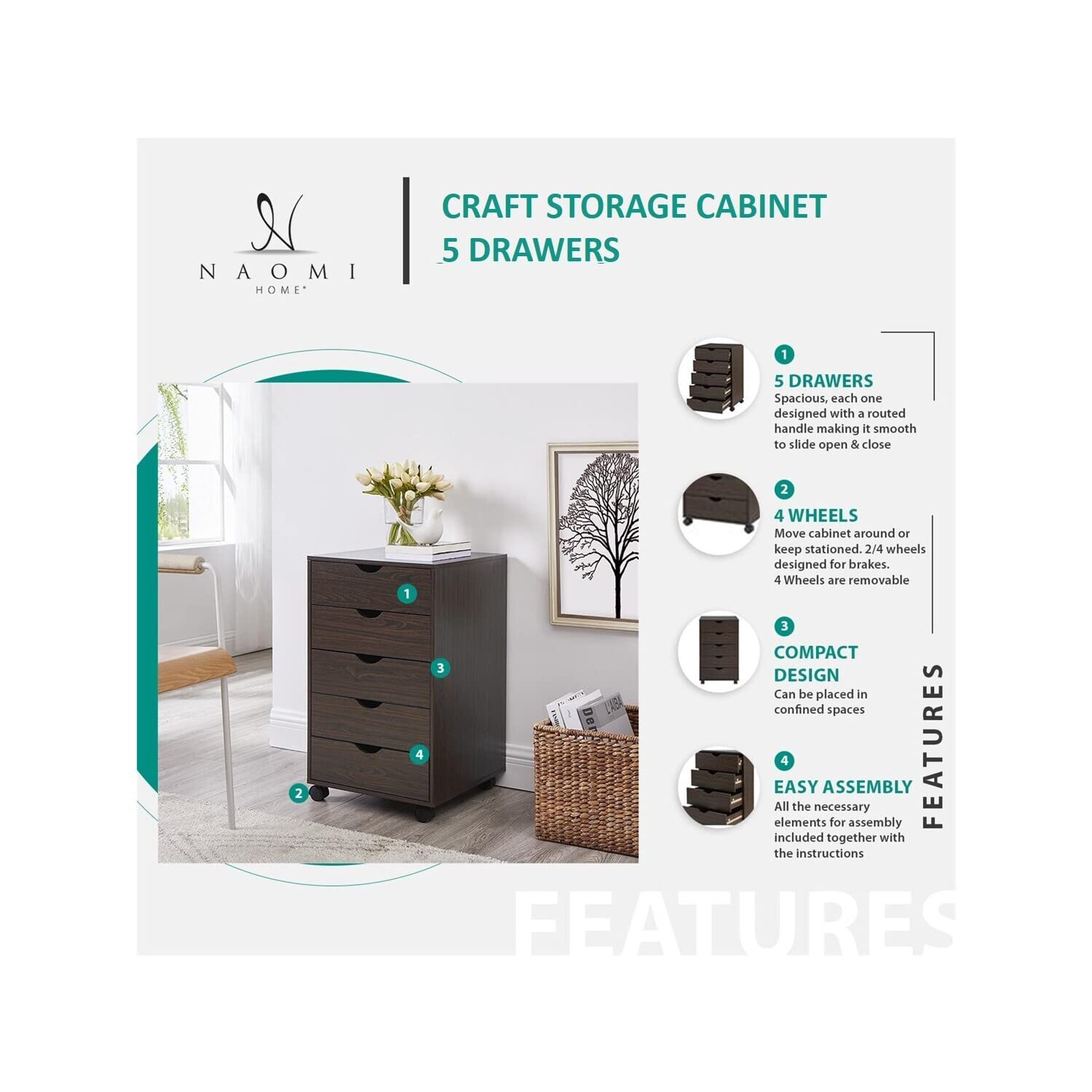 Naomi Home Ultimate Sewing Craft Storage Cabinet - 5 Drawer Organizer for Arts Crafts Sewing Supplies More - White Multipurpose Cabinet with Ample Space 5 Drawer White