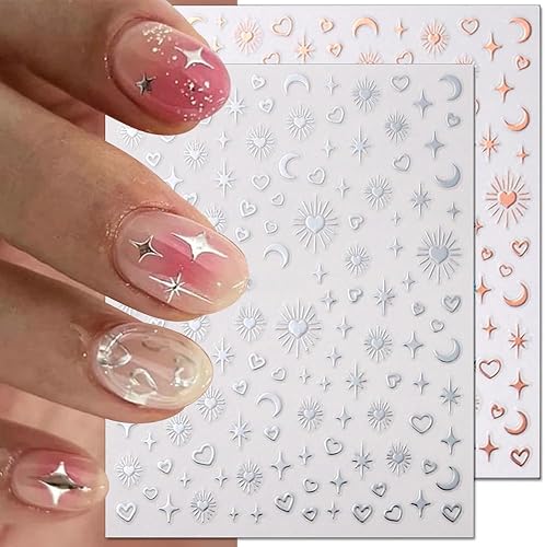 Miniatura 5 de 12pcs Aurora Plata Estrella Luna Nail Art Pegatinas 3D para las Mujeres Oro Rosa Sol Corazón Calcomanías de Diseño Láser Suministros