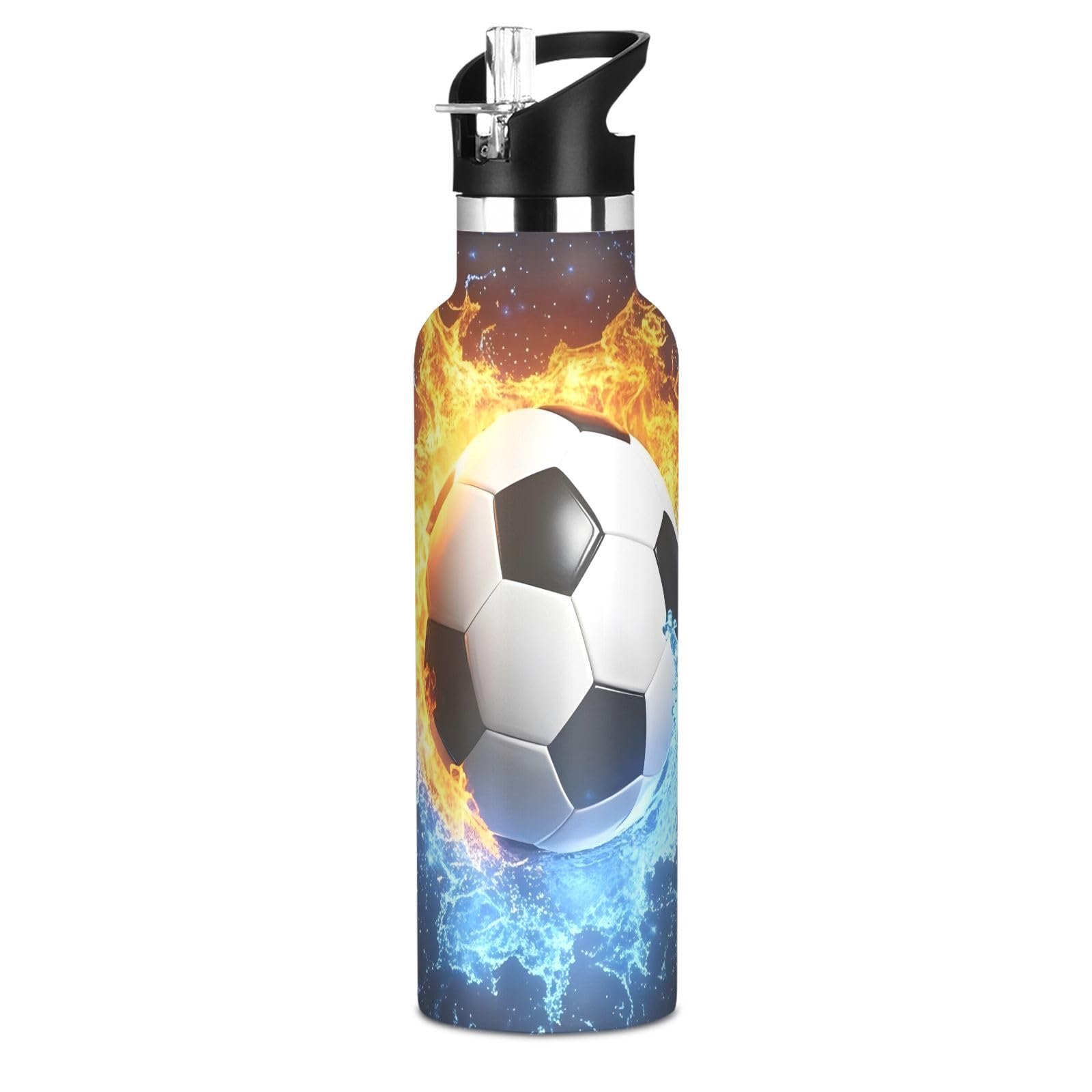 Wasserflasche mit Fußball-Feuer-Galaxie-Motiv für Jungen und Kinder, Edelstahl, mit Strohhalm-Deckel, auslaufsicher, isoliert, 590 ml