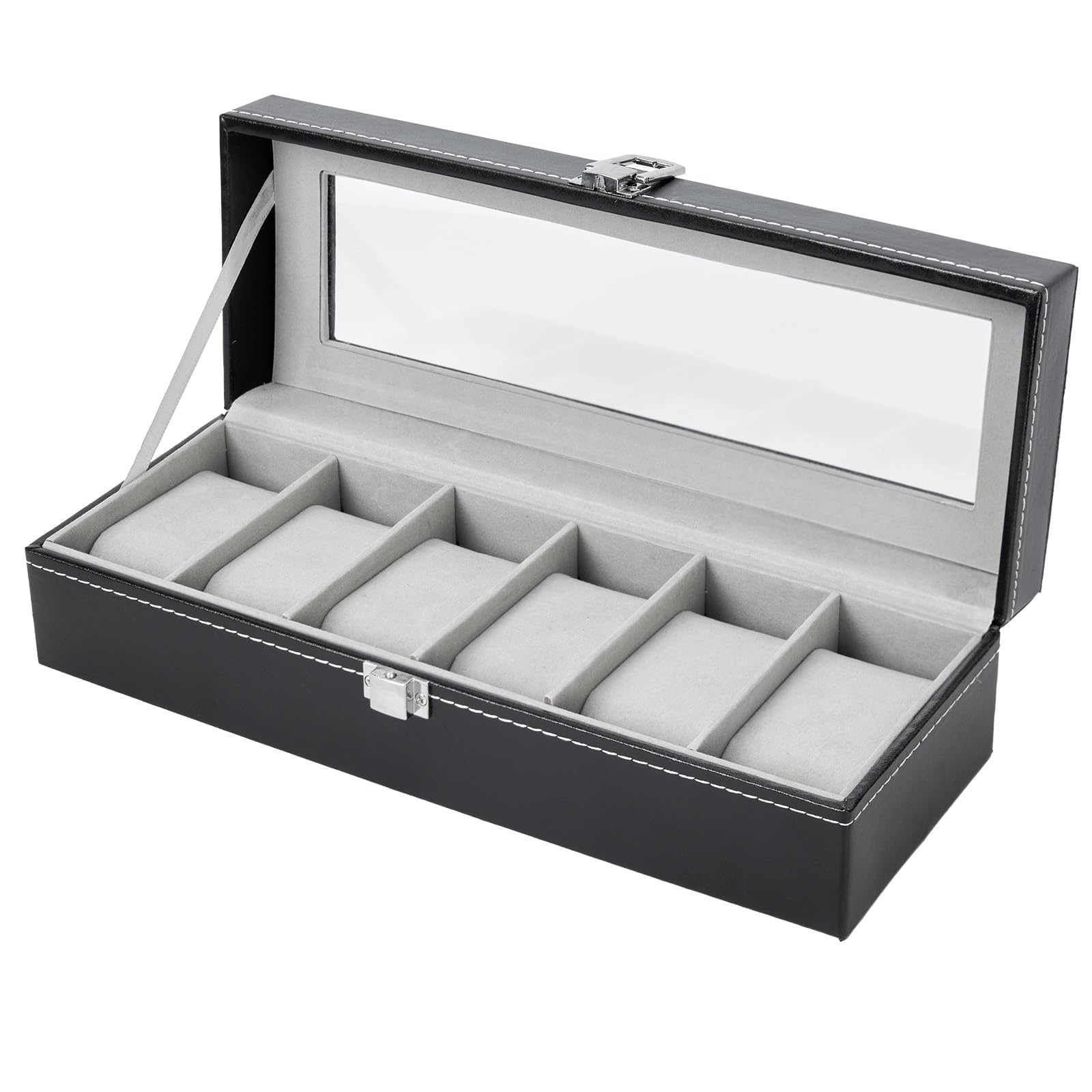 Ohuhu Watch Box Watch Case 6-Slot PU Leather Real Glass Lid Watch Holder Jewelry Organizer Storage box Soft velvet Watch Display Case for Men and Women Birthday Fathers Day