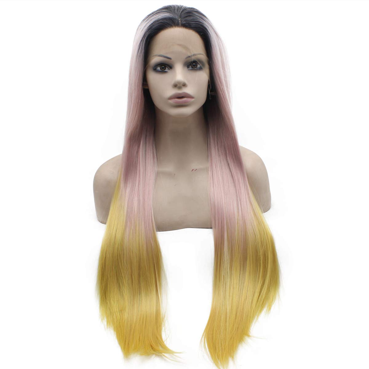Mxangel Long Straight Ombre Pink Yellow Half Hand Tied Glueless Synthetic Lace front Wig Heat Friendly Fiber