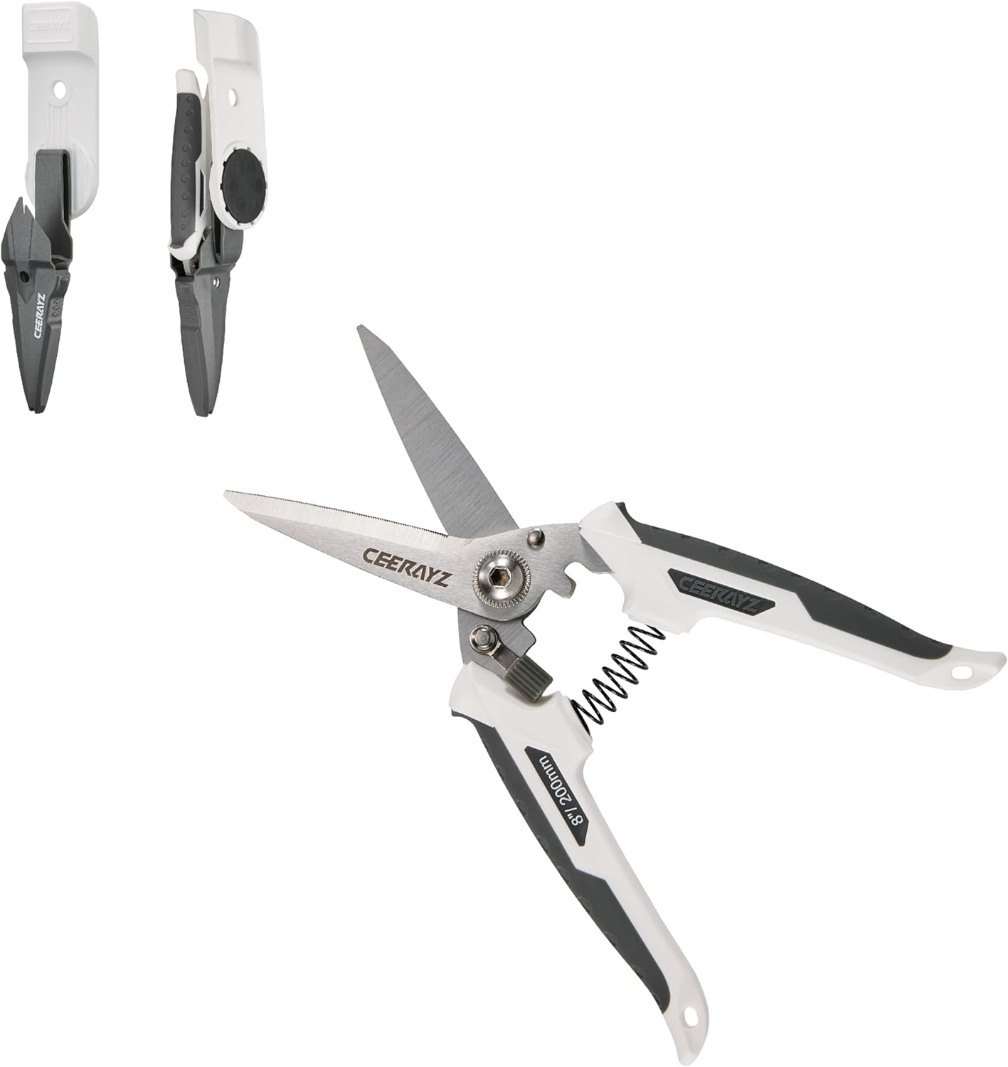 8" Scissors All Purpose, Heavy Duty Scissors Industrial, Multipurpose for DIY Projects, Office, Production Lines, Pruning, with Protective Sheath and Magnetic Holder (White/Gray)