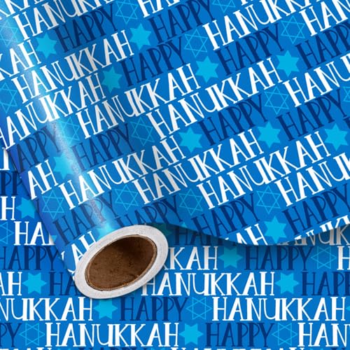 LeZakaa Hanukkah Blue Wrapping Paper Roll Happy Hanukkah with Star of David Festive Holiday Gift Wrap for Jewish Celebration and Winter Festivities for Friends Family Kids Mini Roll 17 in x 16.4 Ft