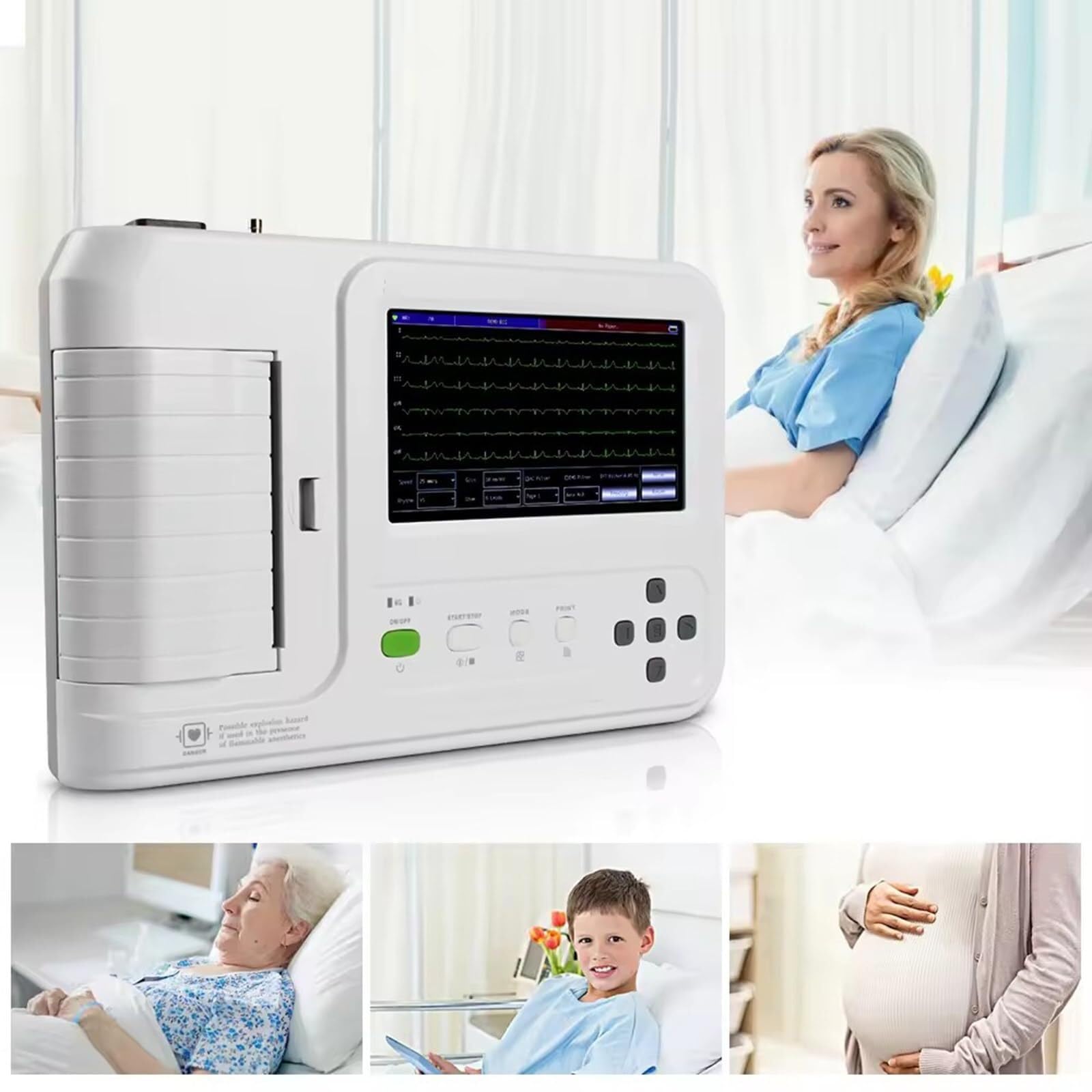 Monitor portatile di elettrocardiogramma con il touch screen LCD a 7 pollici, macchina di 12 cavi ECG per il monitoraggio di salute del cuore