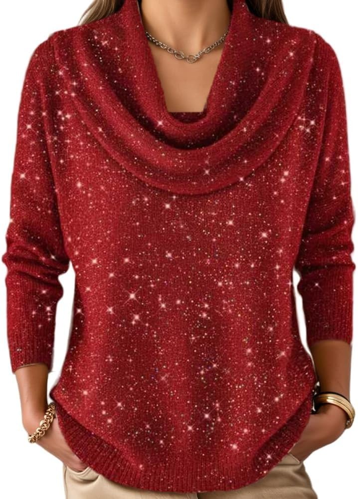 Womens Cozy Cowl Neck Sweaters Lightweight Holiday Casual Loose Long Sleeve Knit Pullover Jumper Tops