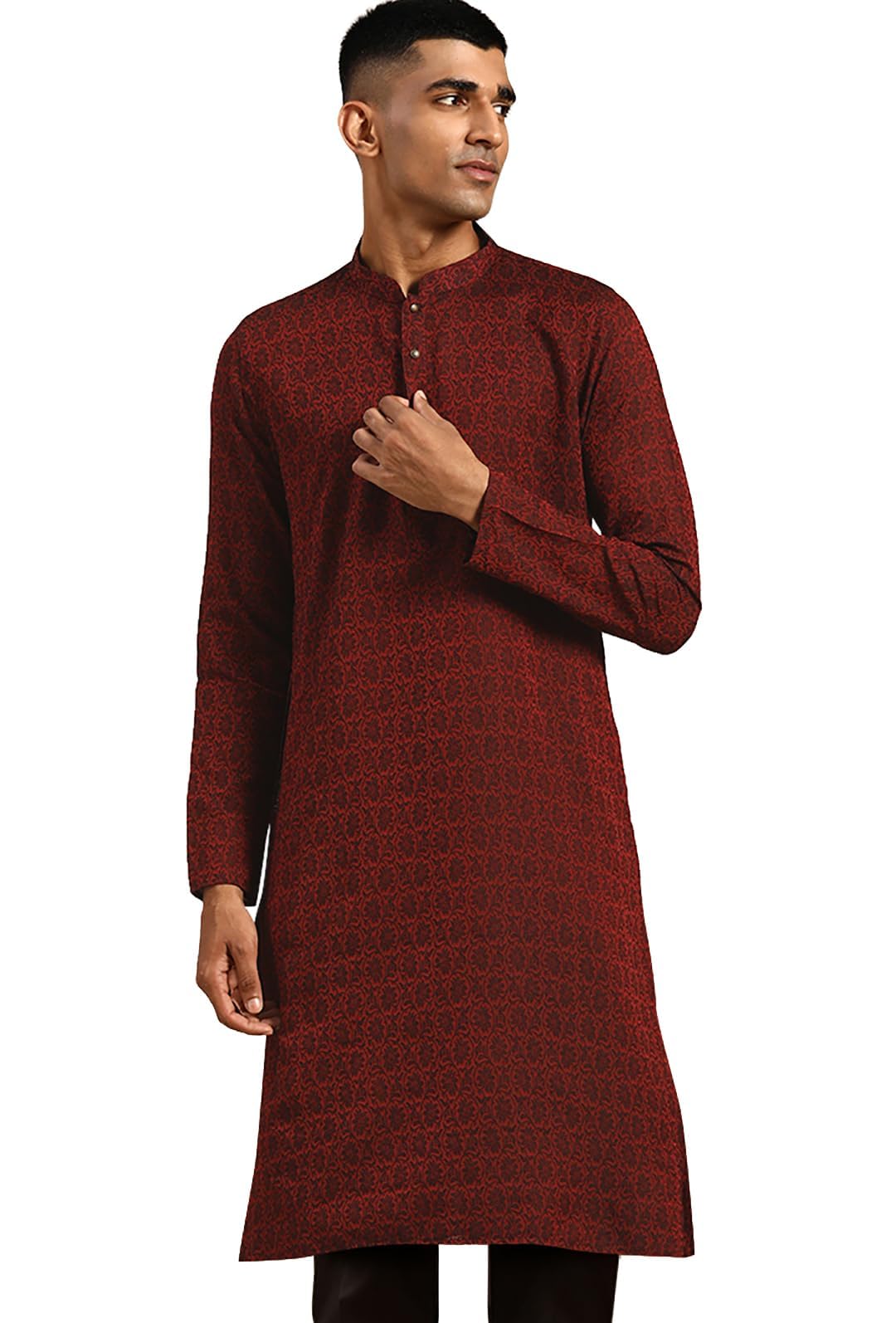 Kisah Mens Kurta, Silk Blend Jacquard Mandarin Collar Long Sleeves, Maroon Ethnic Wear For Men, 44