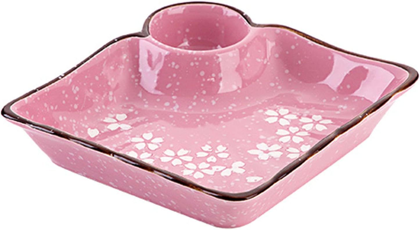 Japanese Chip and Dip Serving Set with Sakura Pattern,Pink Fried Chicken Serving Dish,Ceramic Divided Snack Serving Plate-Pink-8inch/20cm (Color : Roze, Size : 8inch/20cm)