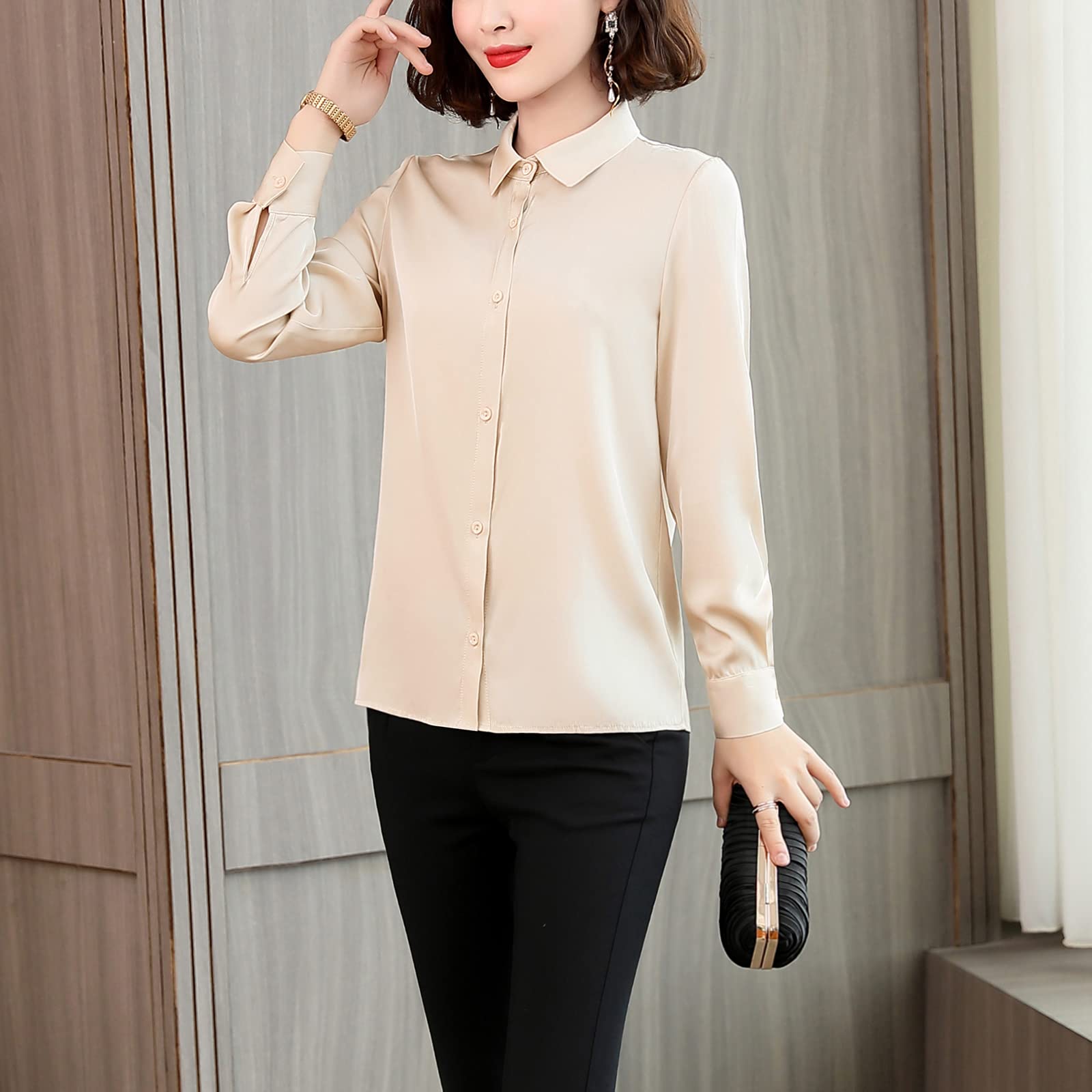 Valin Blusa de seda para mujer, camisa de seda sólida, camisa de mujer, blusa de manga larga con solapa, blusa de seda, S1903