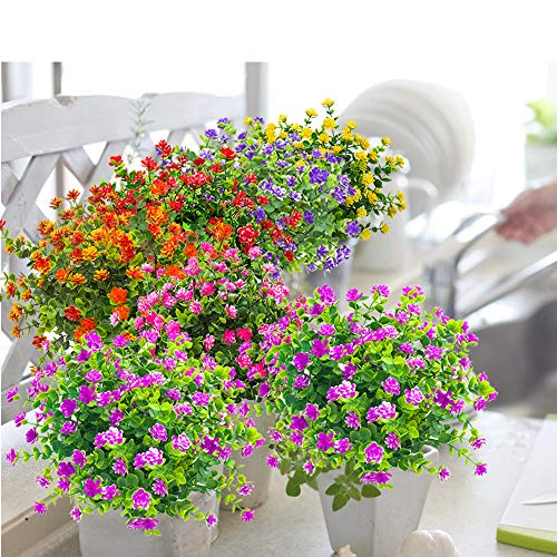 Grunyia 10 Bundles Artificial Fake Flowers, Faux Outdoor Plastic Plants Uv Resistant Shrubs Outside Indoor Decorations (Purple-Eucalyptus) #TOP3