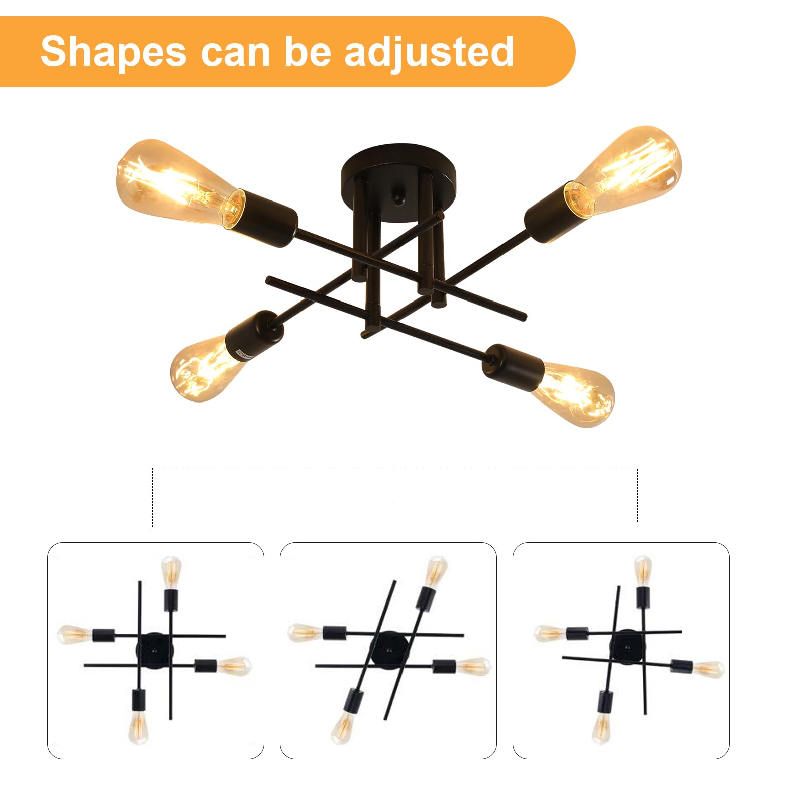 Riserva Lampadario Industrial Nero, E27 Plafoniera Soffitto Moderna Design, 4-Luci Lampada da Soffitto in Ferro per Camera da Letto, Soggiorno, Sala da Pranzo, Balcone,(Bulbi non inclusi)