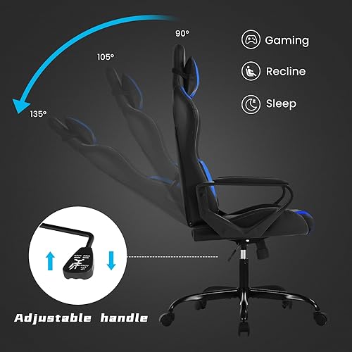 Miniatura 3 de Silla de juegos azul  Silla de escritorio ergonómica con respaldo alto estilo carreras con soporte lumbar, reposacabezas y brazos - Silla de