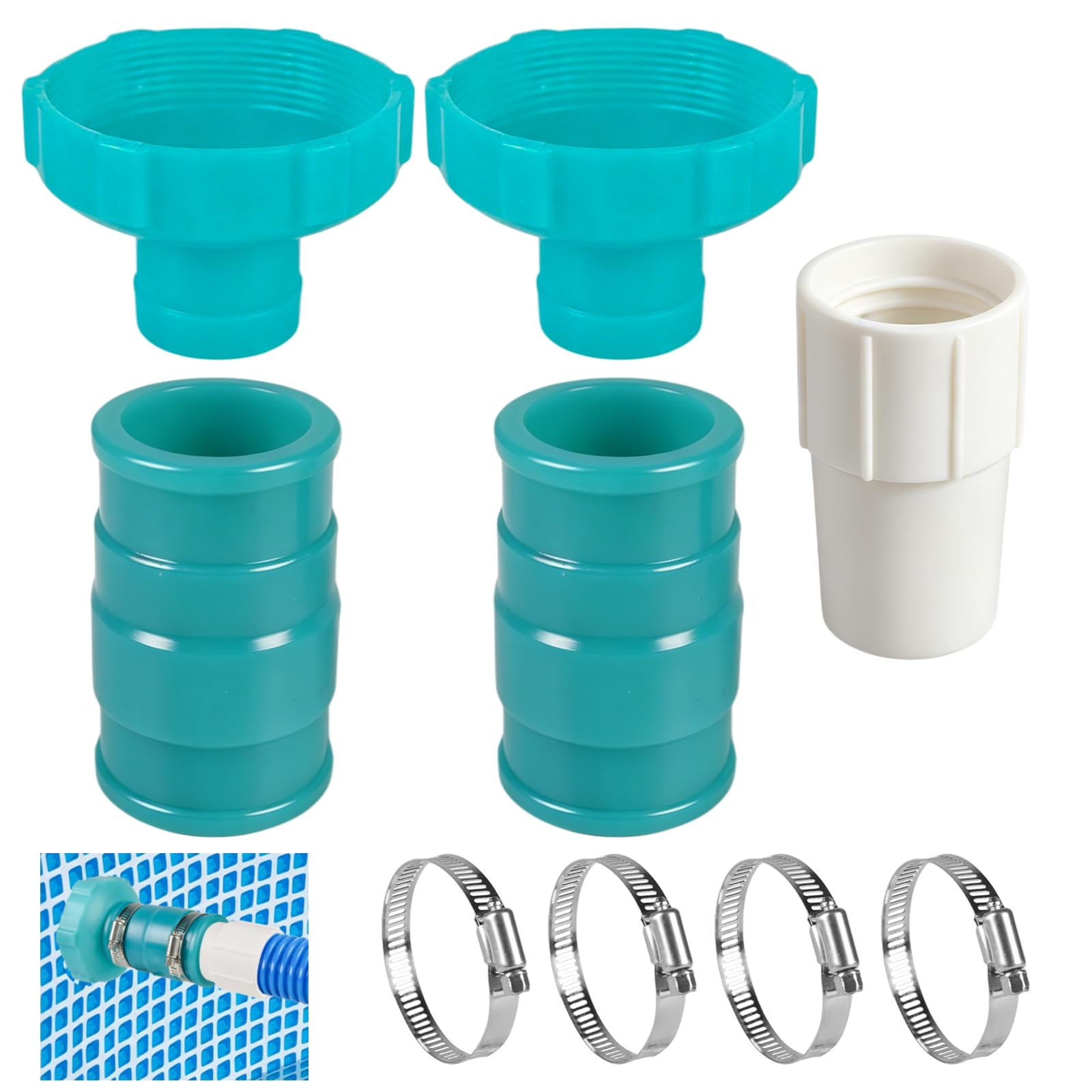 Juego de 2 adaptadores de manguera de vacío para piscina, adaptador de manguera de skimmer de piscina, conector B con puños y abrazaderas de manguera de piscina de 1-1/2 pulgadas, adaptador de