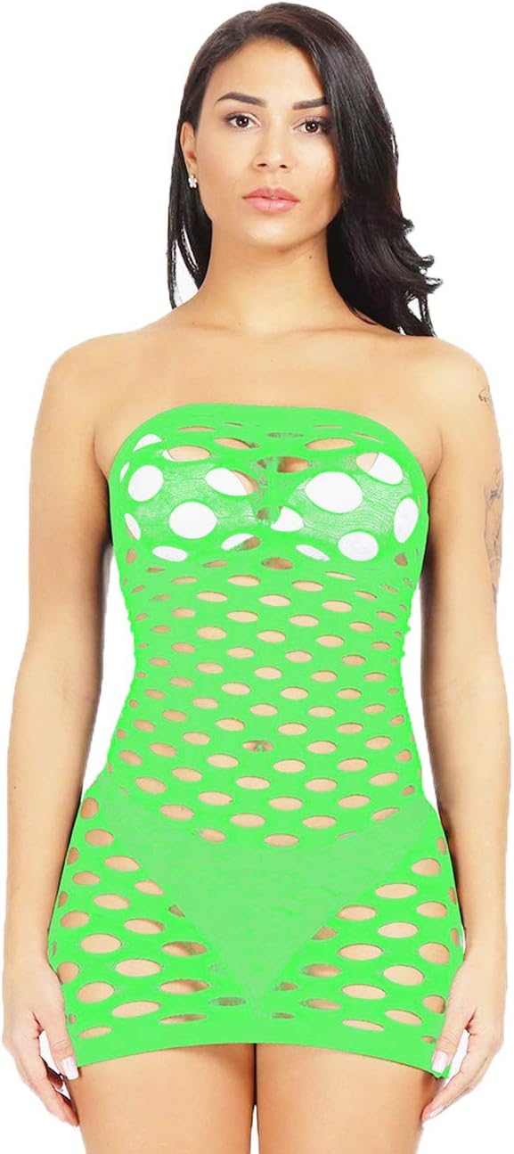 Lemongirl Women's Mesh Lingerie for Women Fishnet BabyDoll Mini Dress Free Size Bodysuit Green